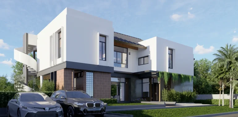 ทัศนียภาพจำลองภายนอกบ้านสไตล์โมเดิร์น พร้อมที่จอดรถและสวนหน้าบ้าน